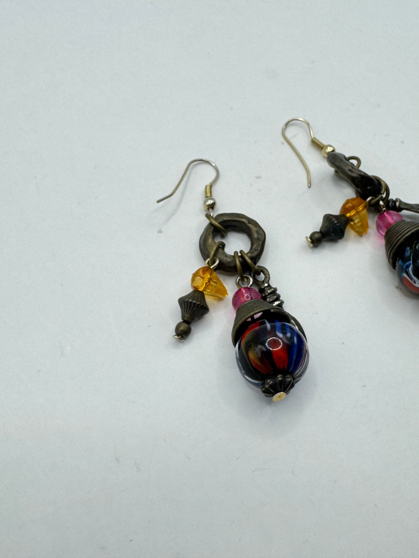Vintage Boho Art Glass & Bronze Tone Dangle Earrings – Eclectic Artisan Style