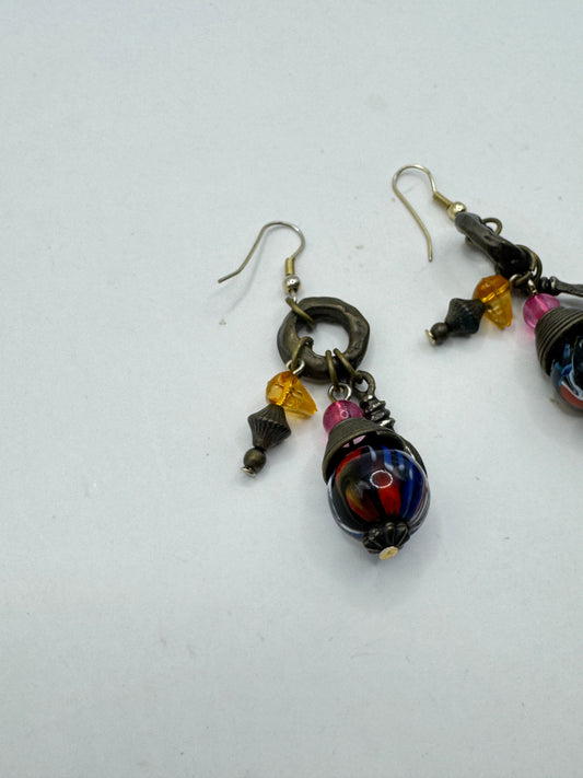 Vintage Boho Art Glass & Bronze Tone Dangle Earrings – Eclectic Artisan Style
