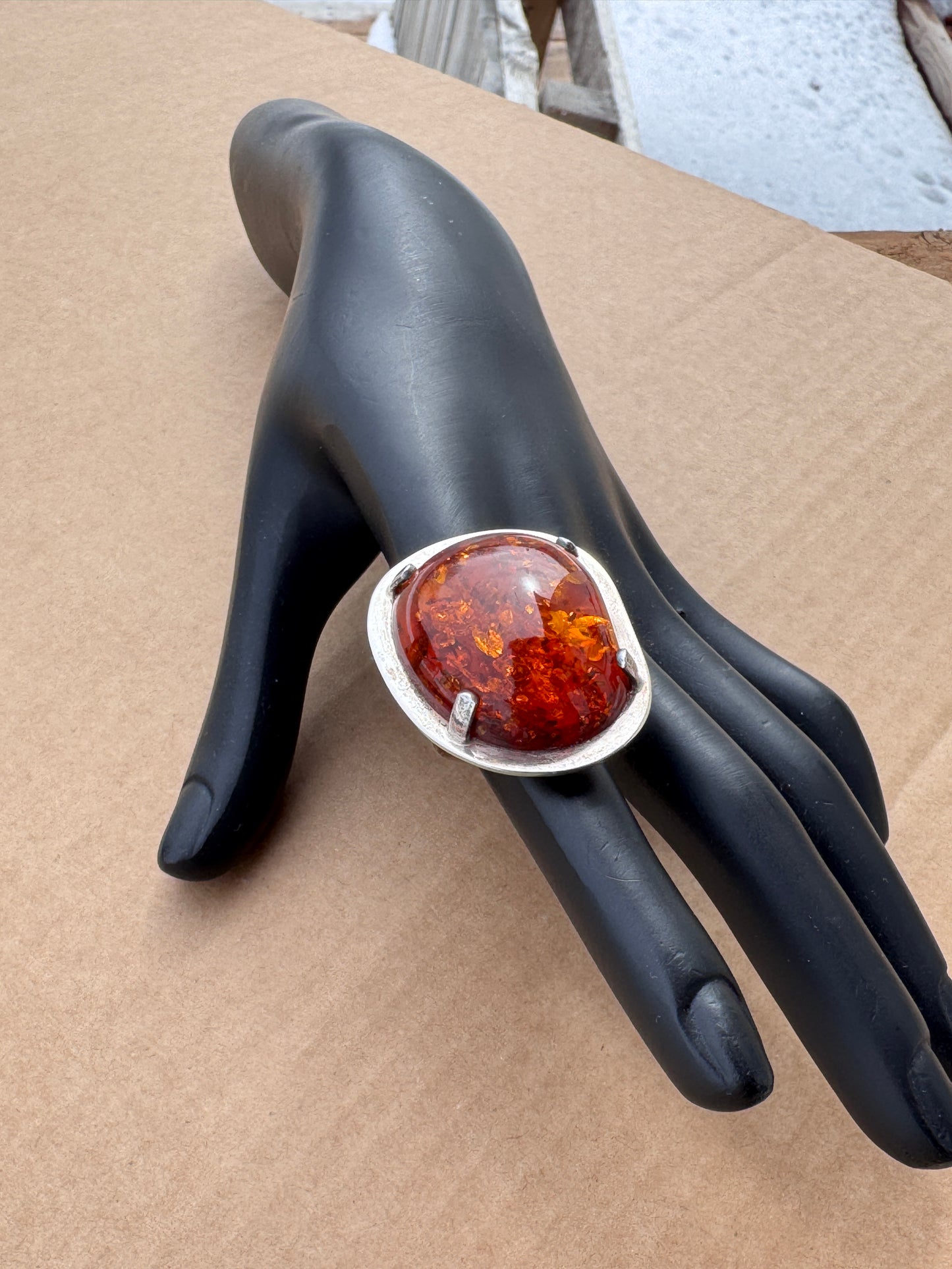 Mogens Godskesen Sterling Silver Ring with Large Baltic Fire Amber, Size 7