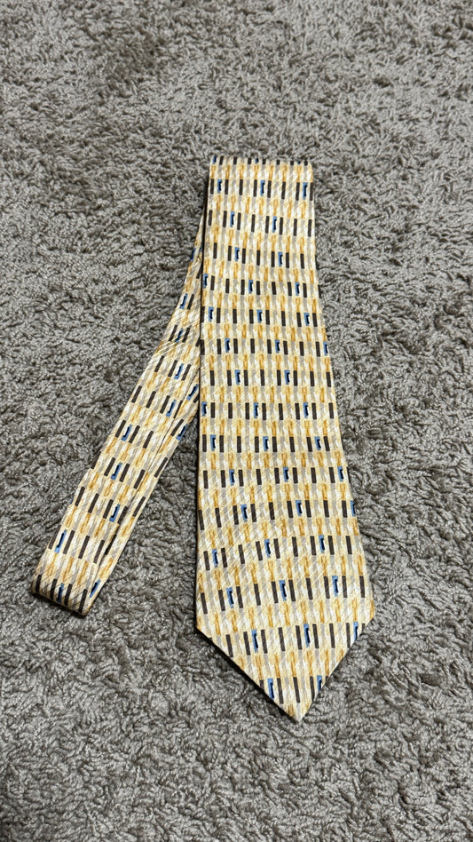 Vintage Alfani Silk Tie – Abstract Linear Pattern, Beige & Gold with Blue Accents, 100% Silk, 56”