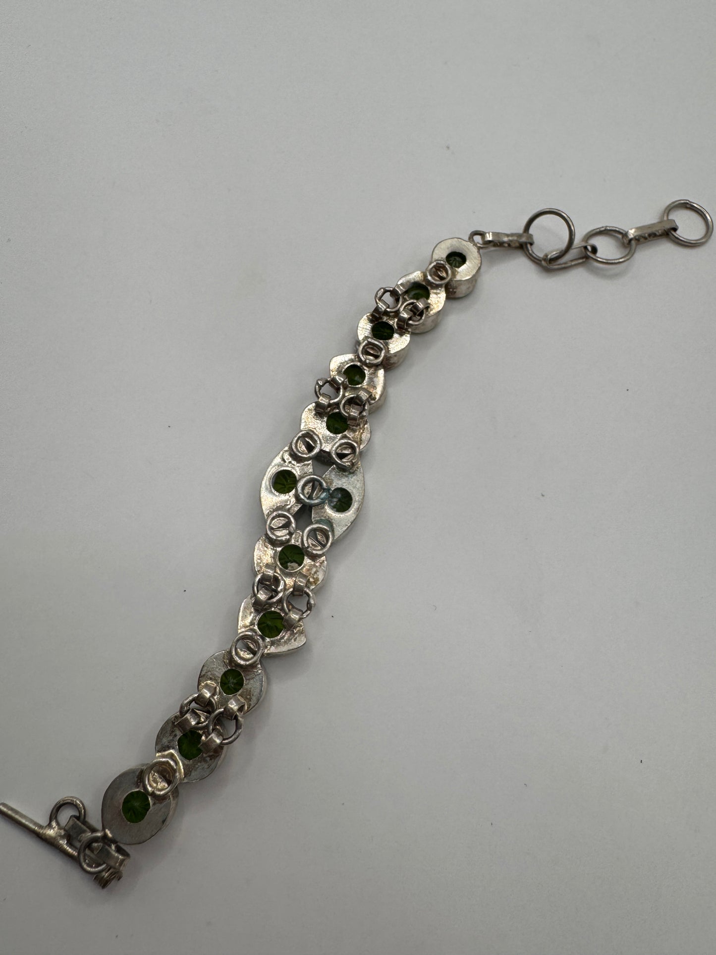 Vintage Custom Sterling Silver Bracelet with Green Glass Stones – 7.5"