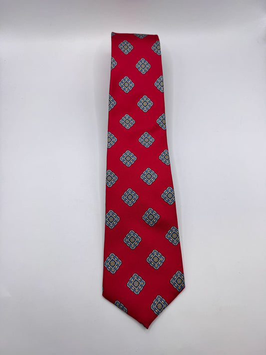 Vintage Leishman Silk Tie – 100% Silk, Red Medallion Pattern