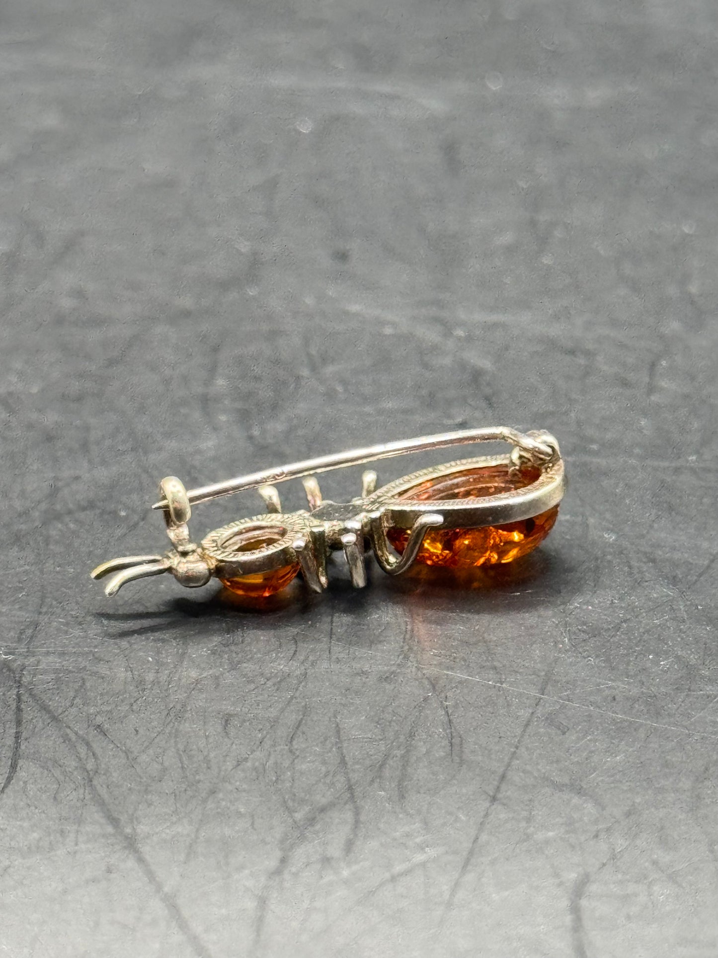 Vintage Amber Sterling Silver Ant Brooch
