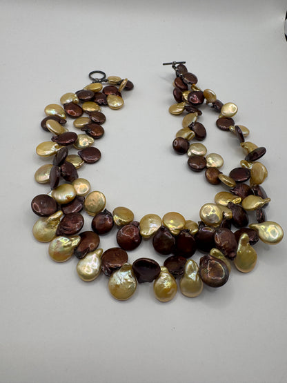 Vintage Double Strand Brown Mother of Pearl Shell Nugget Necklace – 925 Sterling Silver Clasp