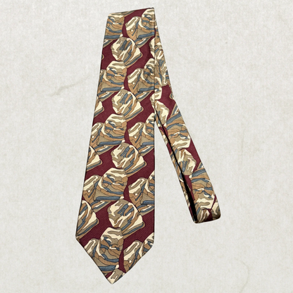 Vintage Expressions World Wide 100% Silk Tie – Abstract Earth Tone Pattern Designer Necktie Burgundy Beige 56” x 4”