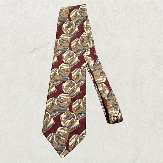 Vintage Expressions World Wide 100% Silk Tie – Abstract Earth Tone Pattern Designer Necktie Burgundy Beige 56” x 4”