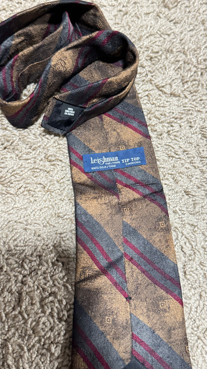 Vintage Leishman Silk Tie – Brown Striped Pattern, 100% Silk, Classic Width, 54”