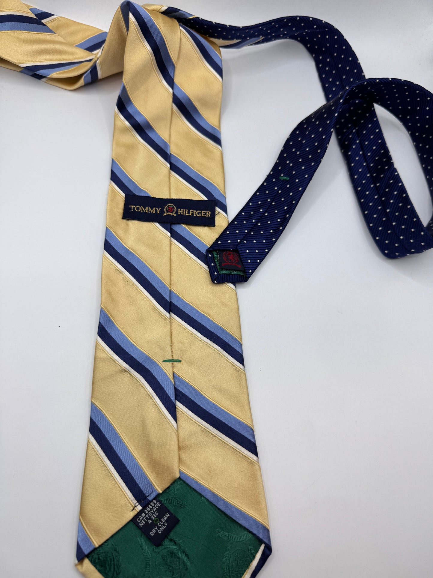 Vintage Tommy Hilfiger Silk Tie – 100% Silk, Gold & Blue Stripe