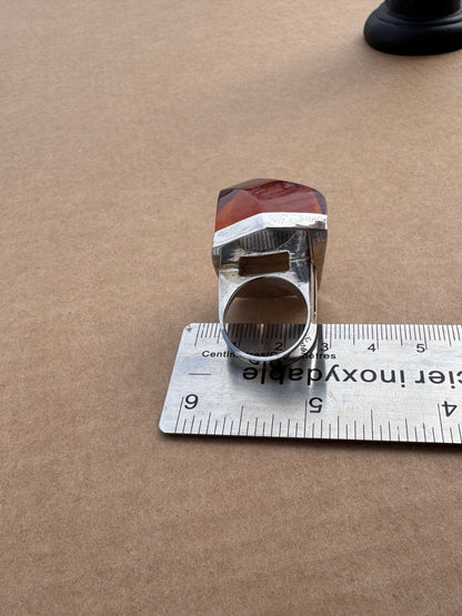 Sterling Silver Ring with Faceted Fire Amber, Size 7.5