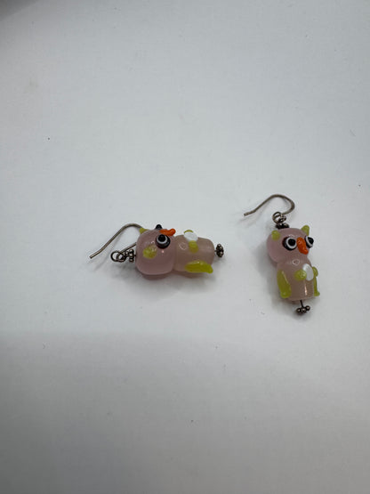 Vintage Handmade Sterling Silver 925 Murano Glass Owl Earrings