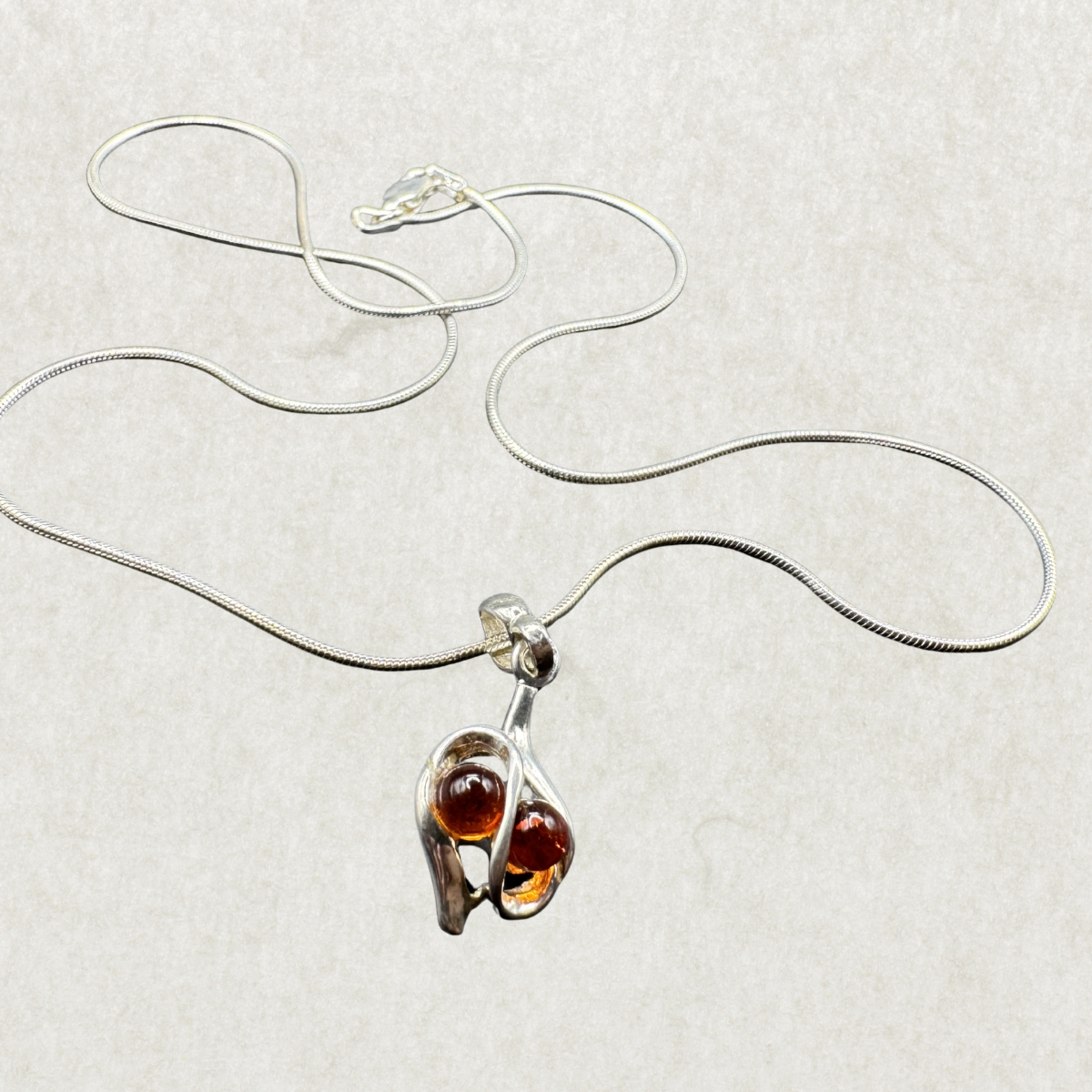 Amber Drop Pendant Necklace – 925 Sterling Silver, 17” Chain