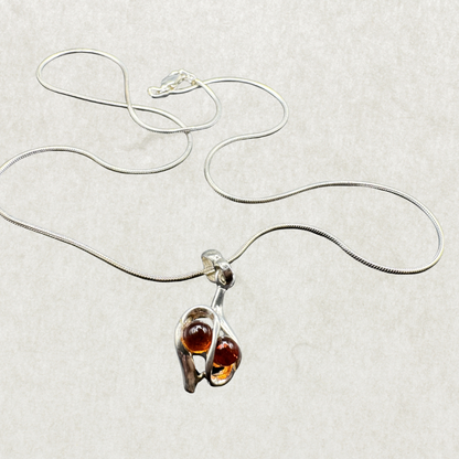 Amber Drop Pendant Necklace – 925 Sterling Silver, 17” Chain