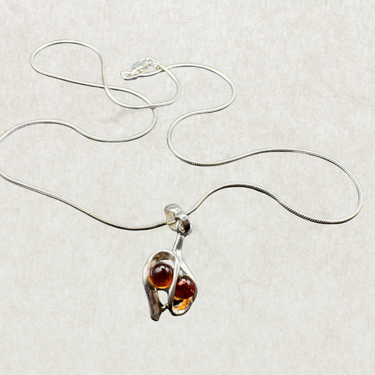 Amber Drop Pendant Necklace – 925 Sterling Silver, 17” Chain