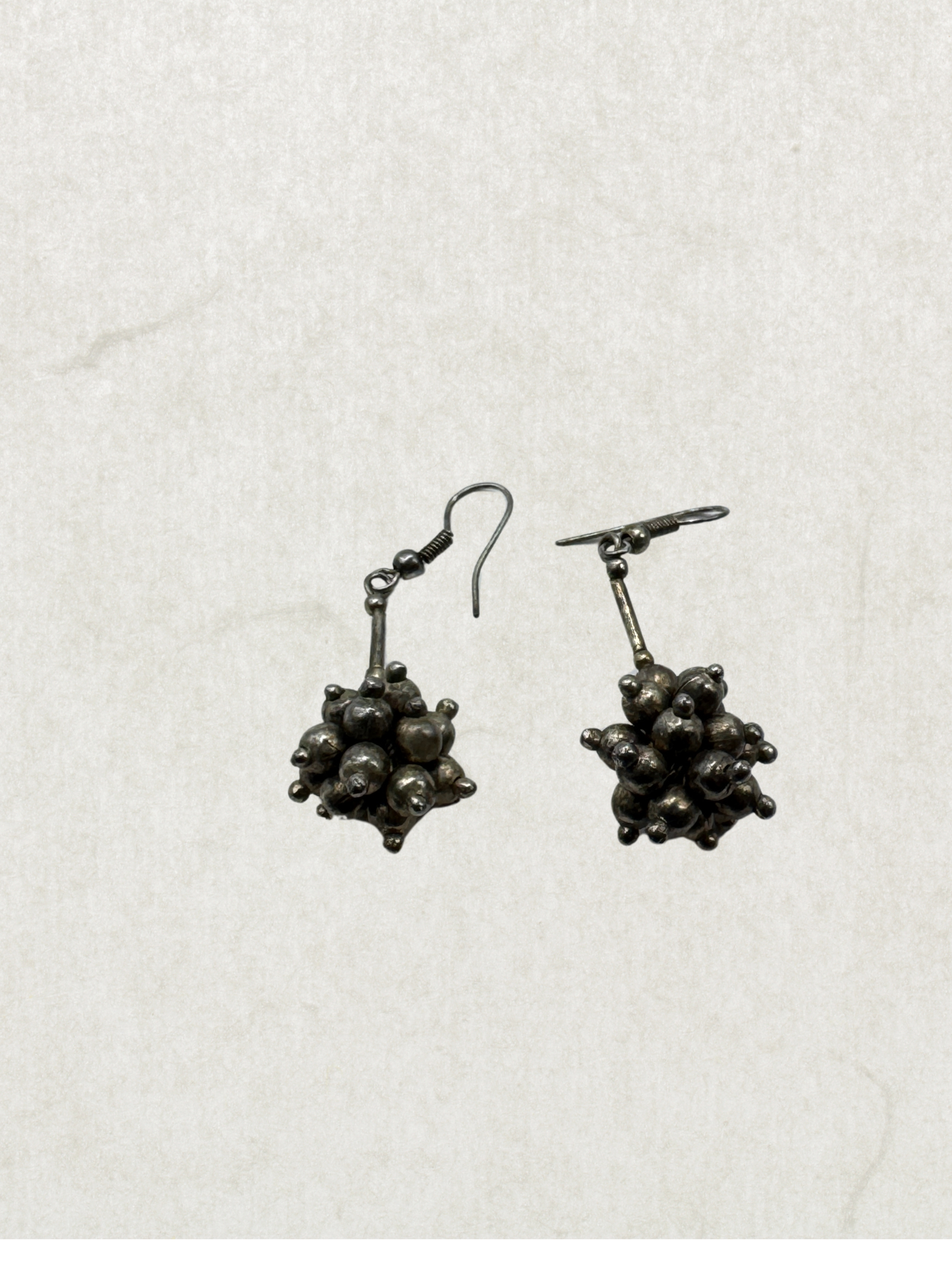 Vintage Silver Tone Drop Earrings – Brutalist Cluster Design, Mid Century 60s–70s