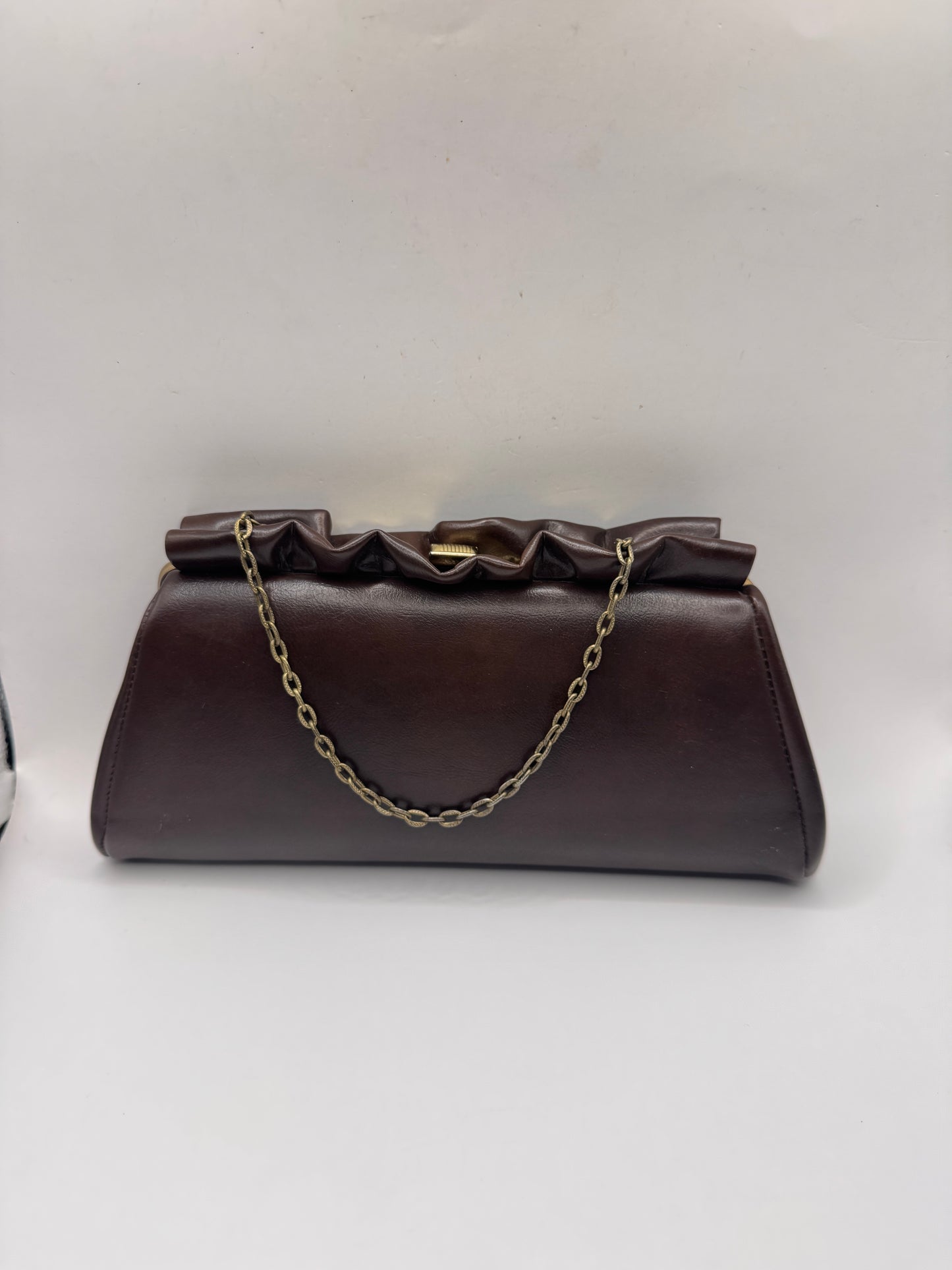 Vintage ~1940s Leather Clutch – Mid-Century, Chain Strap