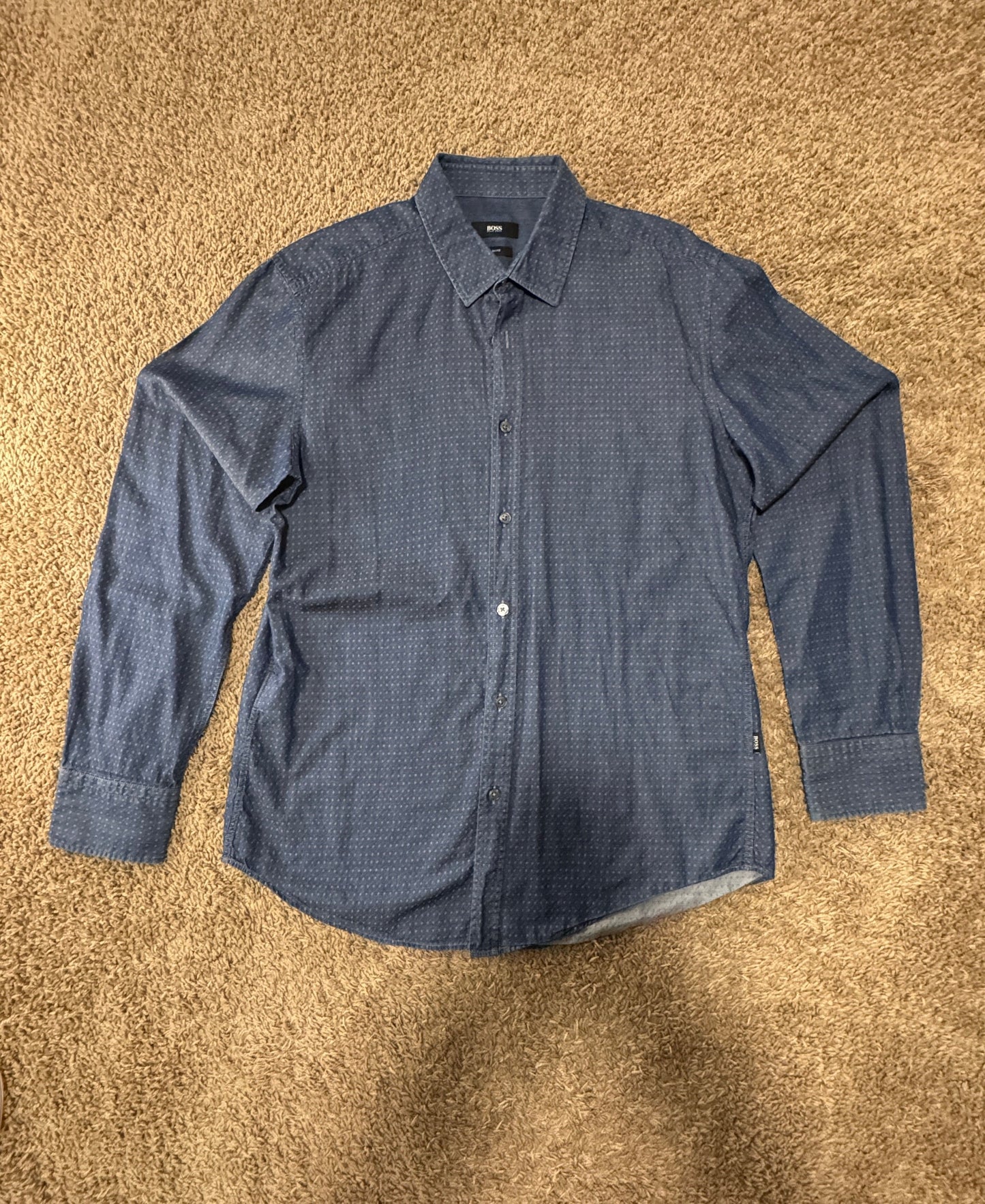 BOSS Hugo Boss Men’s Slim Fit Dress Shirt – Size L, Blue Micro-Print, Long Sleeve