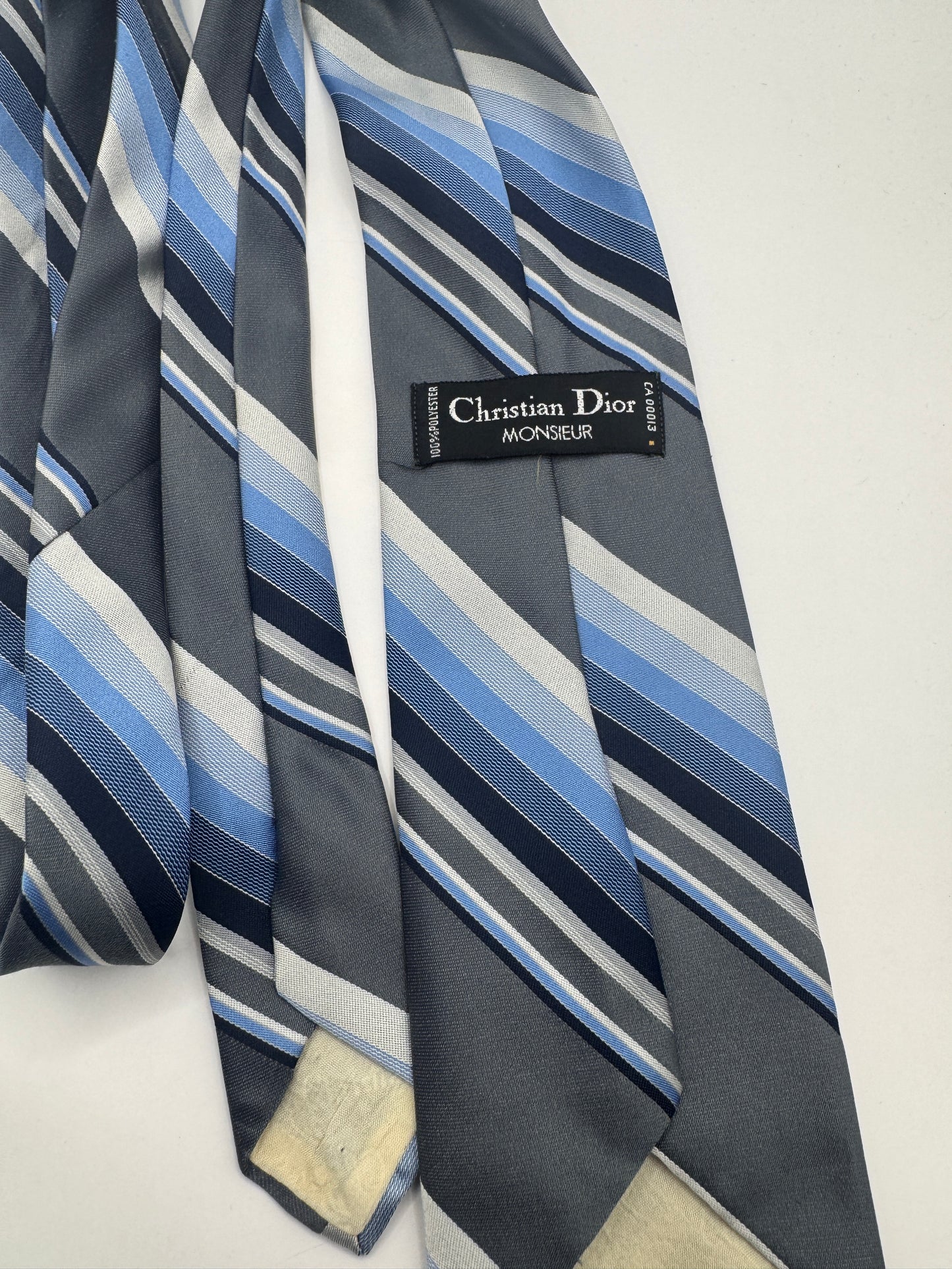 Vintage Christian Dior Tie – Blue & Grey Striped, 57” x 3.5”, 100% Polyester