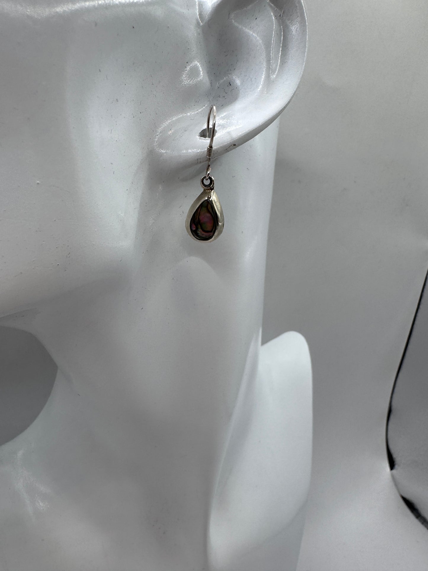 Vintage Sterling Silver Teardrop Dangle Earrings with Abalone Shell Inlay
