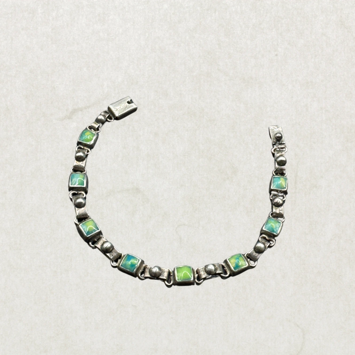 Vintage Mexican Sterling Silver 925 Bracelet with Green Stone Inlay – Taxco Style Link Design