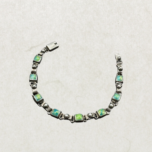 Vintage Mexican Sterling Silver 925 Bracelet with Green Stone Inlay – Taxco Style Link Design