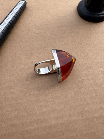 Sterling Silver Ring with Faceted Fire Amber, Size 7.5