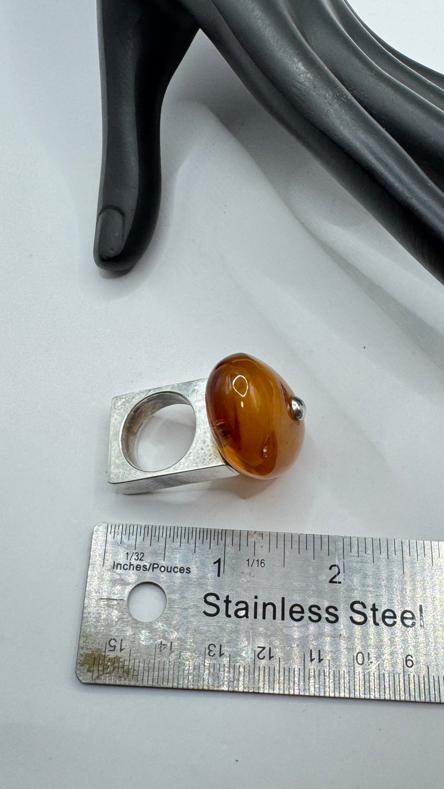 Mogens Godskesen Sterling Silver Ring with Large Amber, Size 7.5