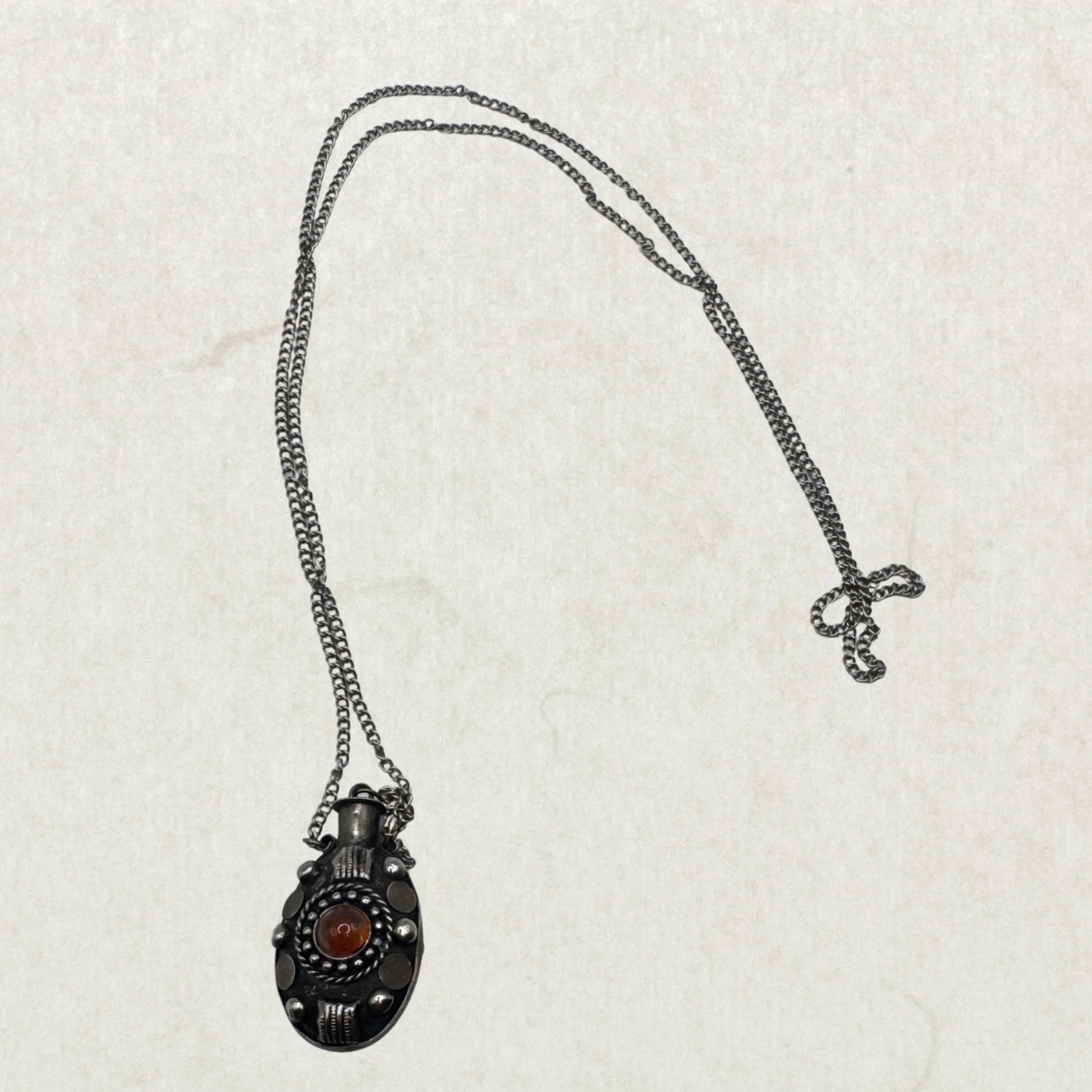 Vintage Silver Plated Perfume Bottle Necklace – Ornate Pendant with Amber Glass Cabochon