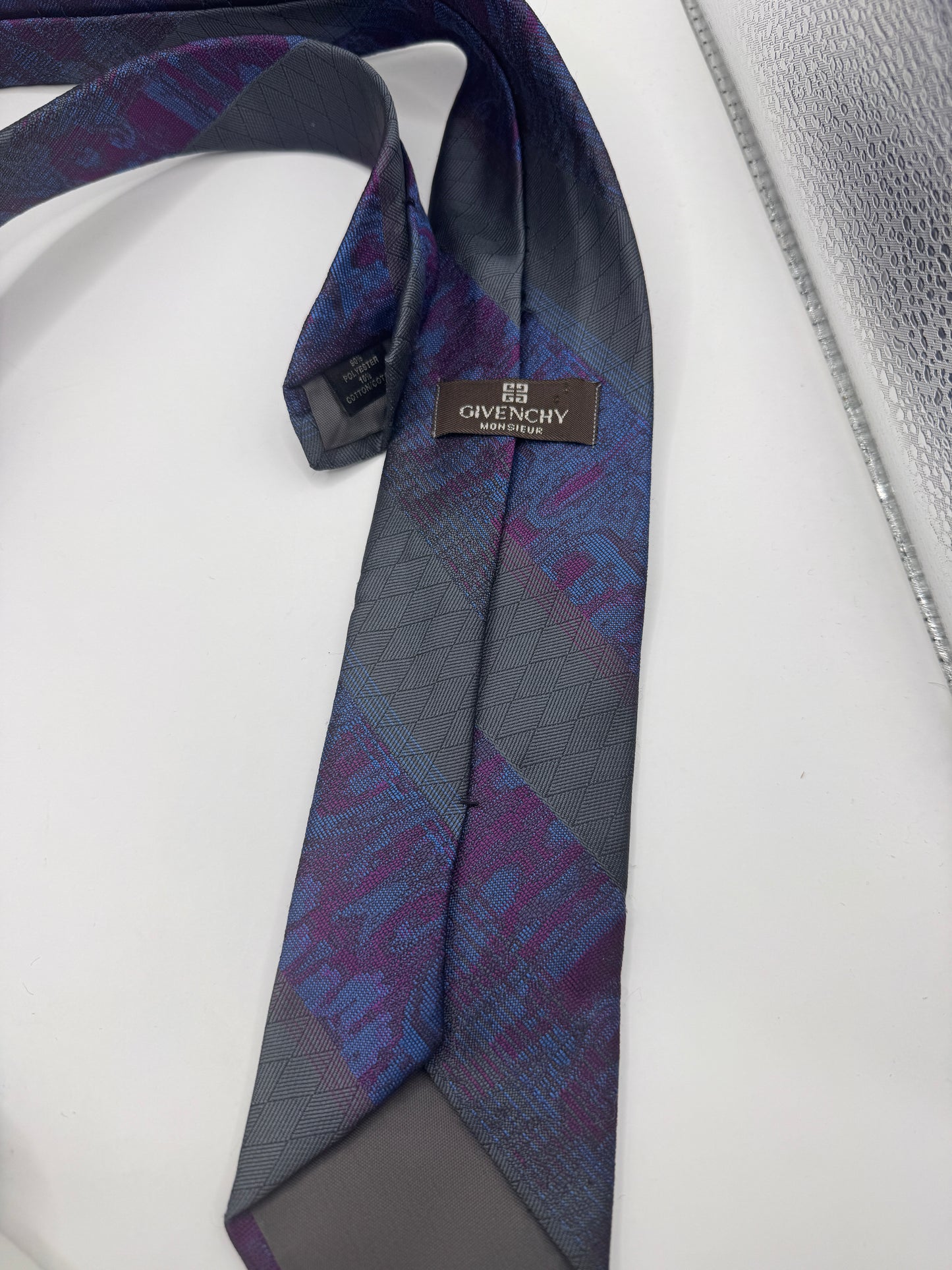 Vintage Givenchy Tie – Blue & Purple Pattern, 57” x 3”, 100% Polyester