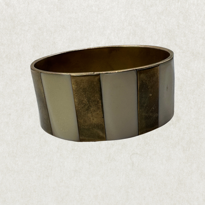 Vintage Massive Brass Cuff Bracelet – Mother of Pearl Inlay, Wide Statement Bangle, 2.5” Diameter