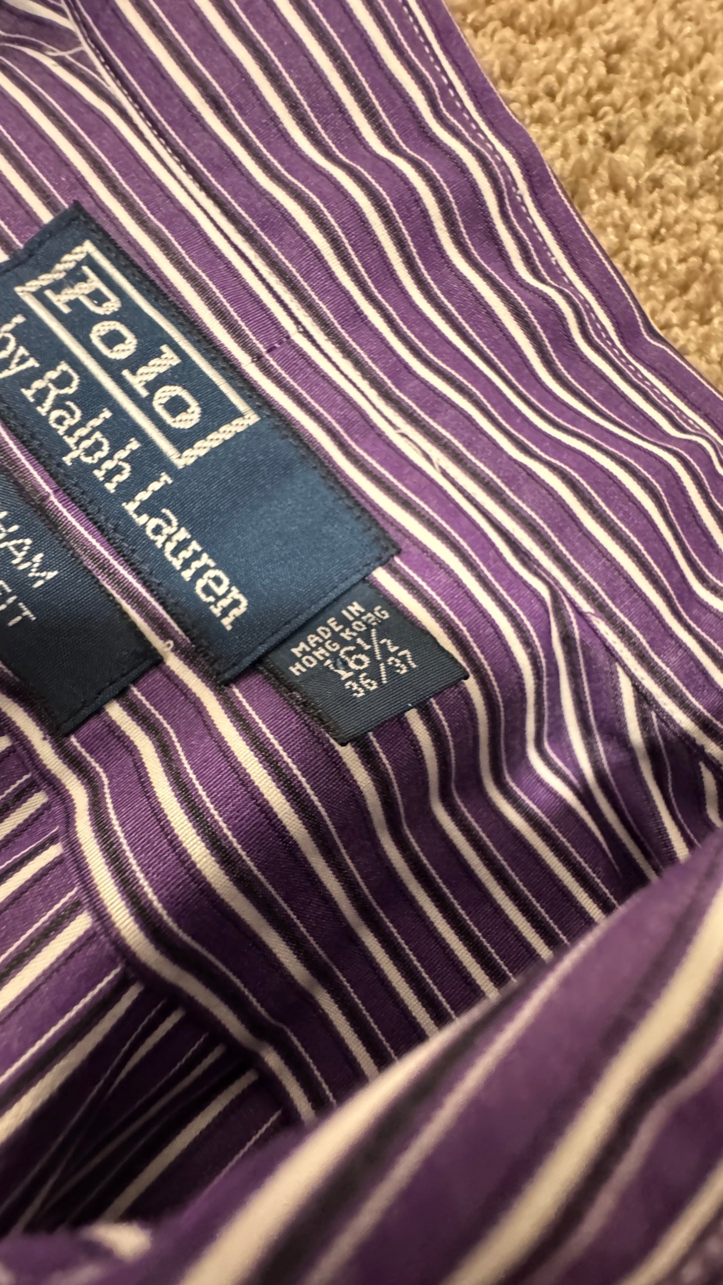 Vintage 90s Polo by Ralph Lauren Dress Shirt – Size 16.5 (36–37), Purple/White Stripe, Long Sleeve