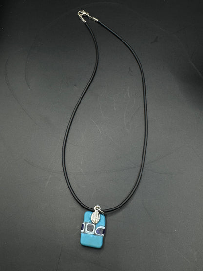 Vintage Murano Glass Pendant Necklace – Blue Geometric Design, Italian Art Glass, 16”