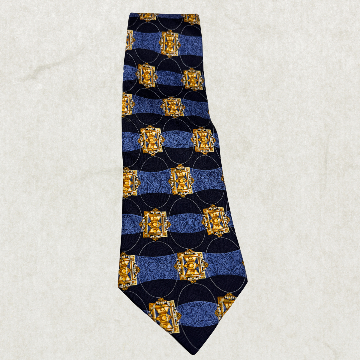 Vintage Hunt Club 100% Silk Tie – Geometric Blue & Gold Pattern, 56” x 4”