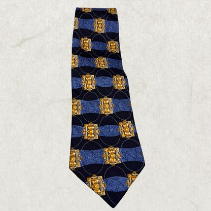 Vintage Hunt Club 100% Silk Tie – Geometric Blue & Gold Pattern, 56” x 4”