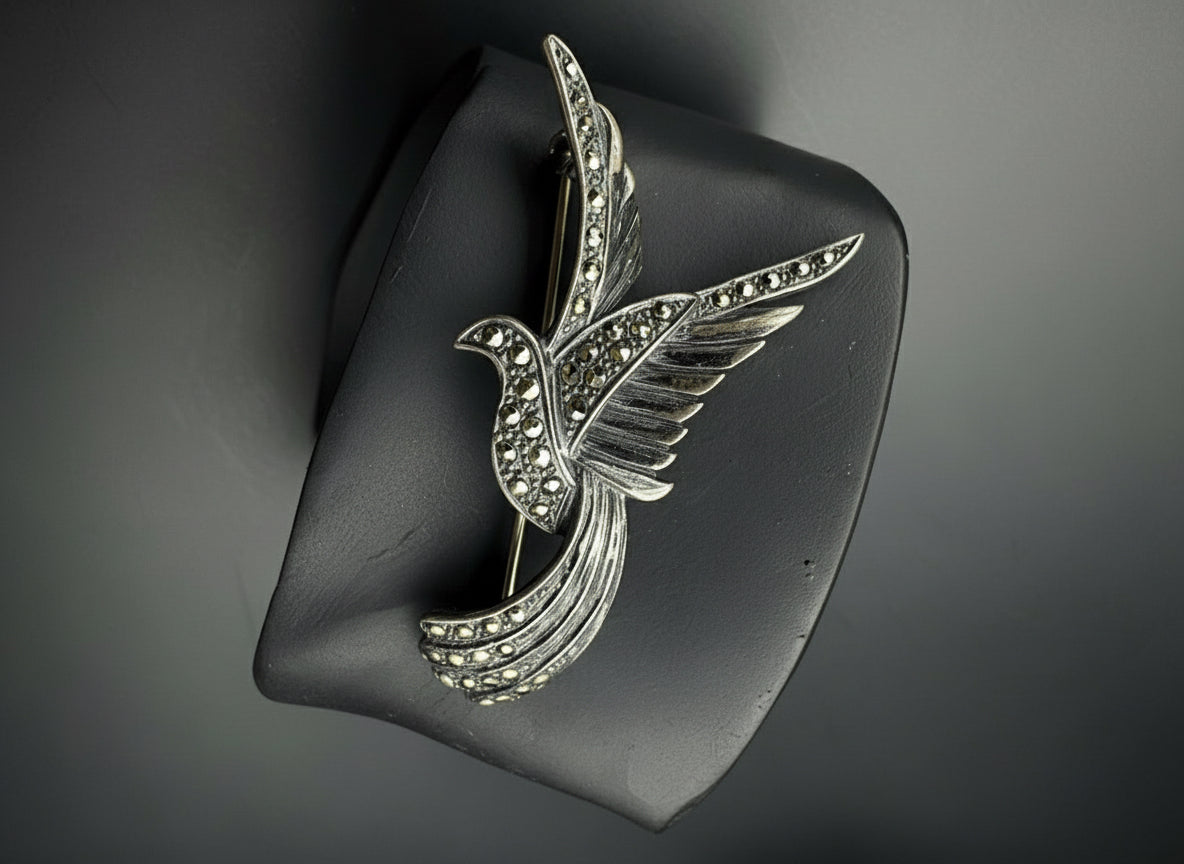 Marcasite Encrusted Bird Brooch Sterling