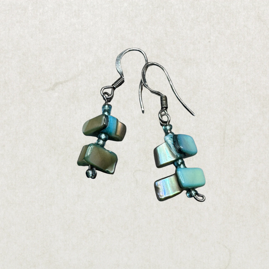 Vintage Sterling Silver Abalone Shell Drop Earrings – Iridescent Blue Green, Organic Design