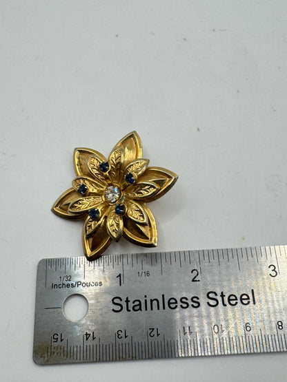 Vintage Gold Tone Floral Brooch Pendant with Blue Rhinestones – 1960s Statement Flower Pin