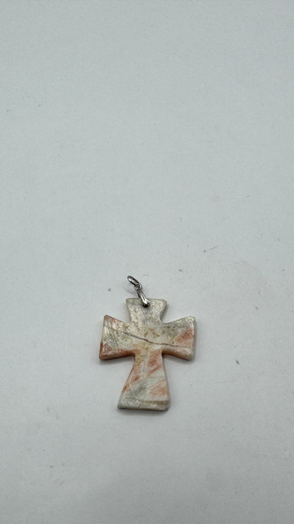Vintage Large Stone Cross Pendant – Sterling Silver Natural Stone Cross Charm