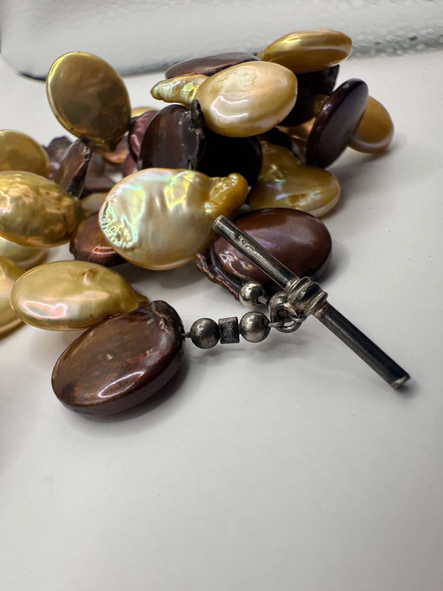 Vintage Double Strand Brown Mother of Pearl Shell Nugget Necklace – 925 Sterling Silver Clasp