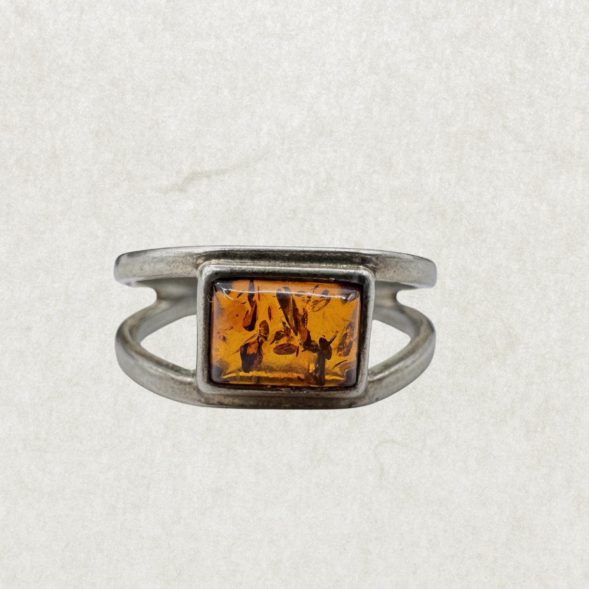 Sterling Silver Rectangular Amber Open Band Ring Size 6