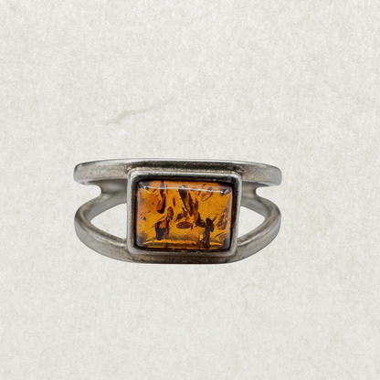 Sterling Silver Rectangular Amber Open Band Ring Size 6