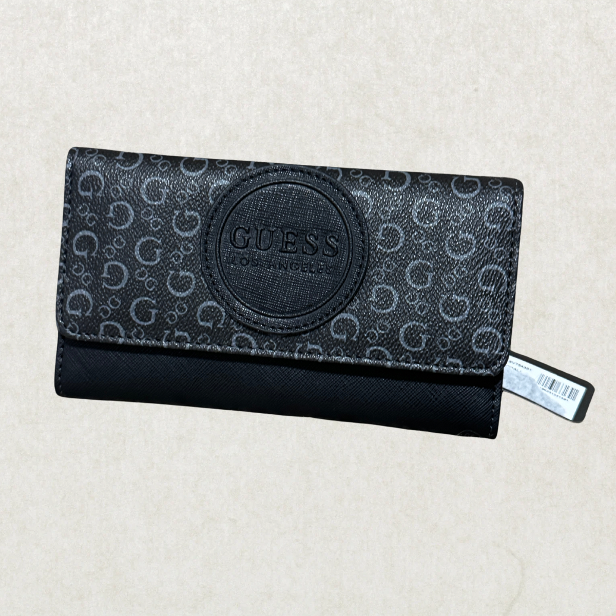 BNWT Guess Los Angeles Thornton Black Logo Slim Wallet Clutch – Monogram Zip Wallet 7” x 4”
