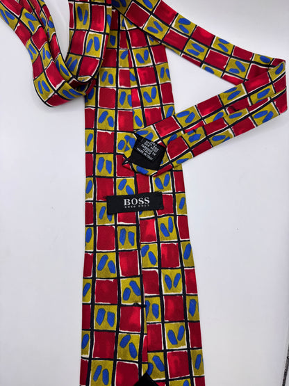 Rare Vintage Hugo Boss Silk Tie – 100% Silk, Abstract Red & Gold Pattern