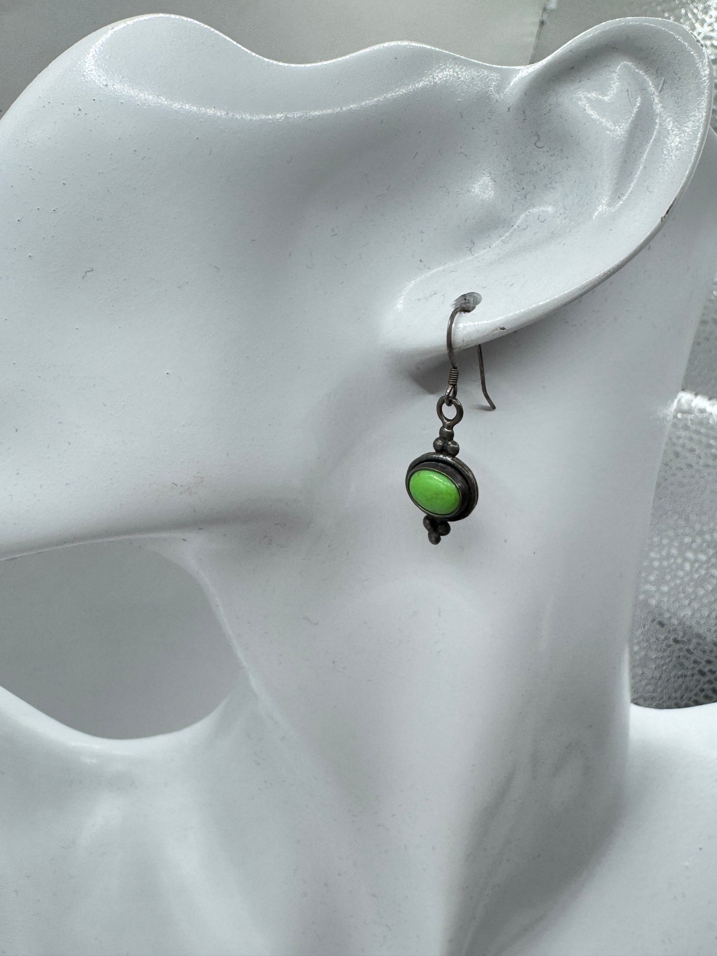 Vintage Garnet Sterling Silver Earrings – Green Cabochon Stone, 925 Marked, Dangle Drop