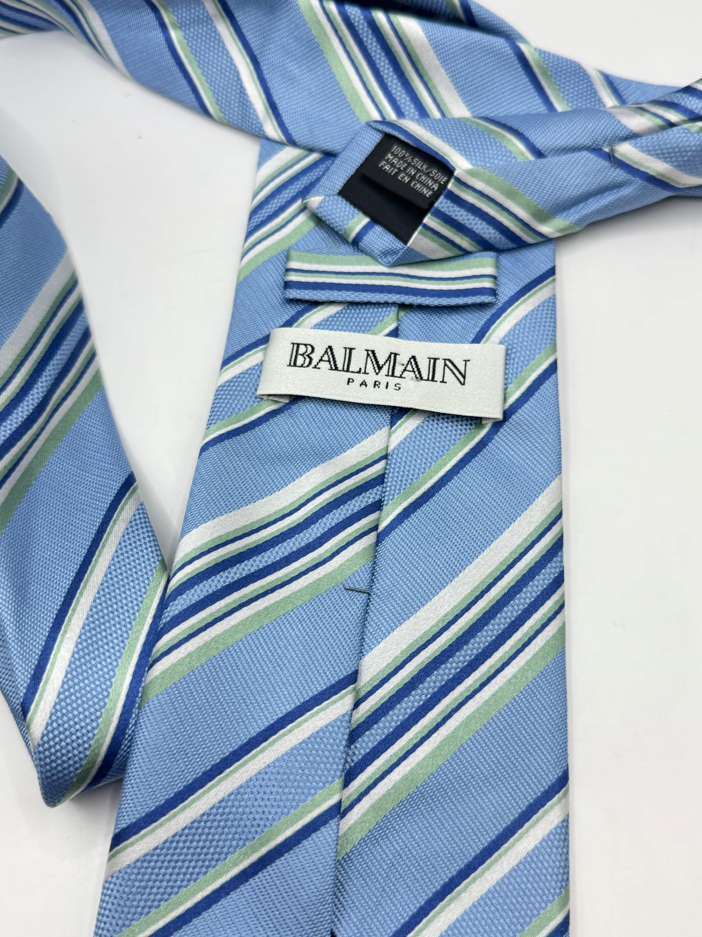 Vintage Balmain Paris 100% Silk Striped Tie, Light Blue Green and White