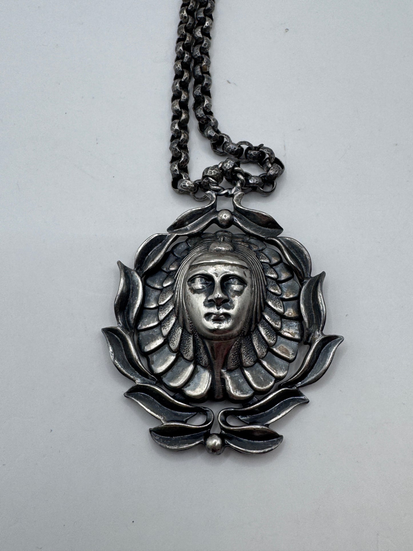 Vintage Art Nouveau Scandinavian Statement Necklace – Large Ornate Face Pendant with Handmade Chain