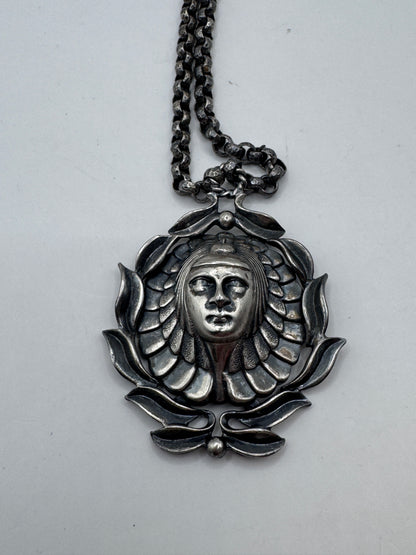 Vintage Art Nouveau Scandinavian Statement Necklace – Large Ornate Face Pendant with Handmade Chain