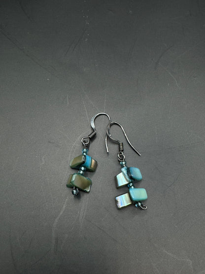 Vintage Sterling Silver Abalone Shell Drop Earrings – Iridescent Blue Green, Organic Design