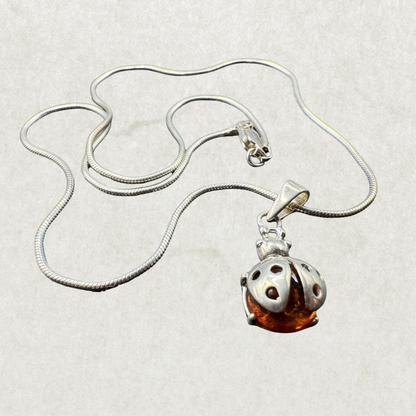 Amber Ladybug Pendant Necklace – 925 Sterling Silver, 15” Chain
