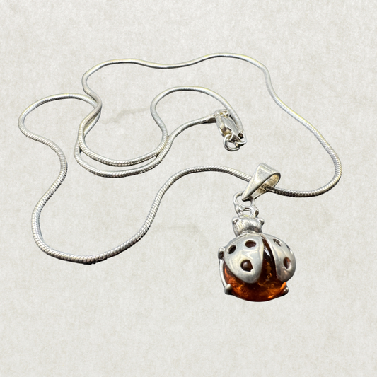 Amber Ladybug Pendant Necklace – 925 Sterling Silver, 15” Chain