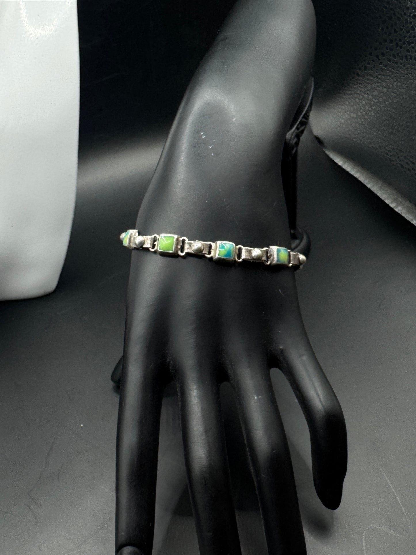 Vintage Mexican Sterling Silver 925 Bracelet with Green Stone Inlay – Taxco Style Link Design